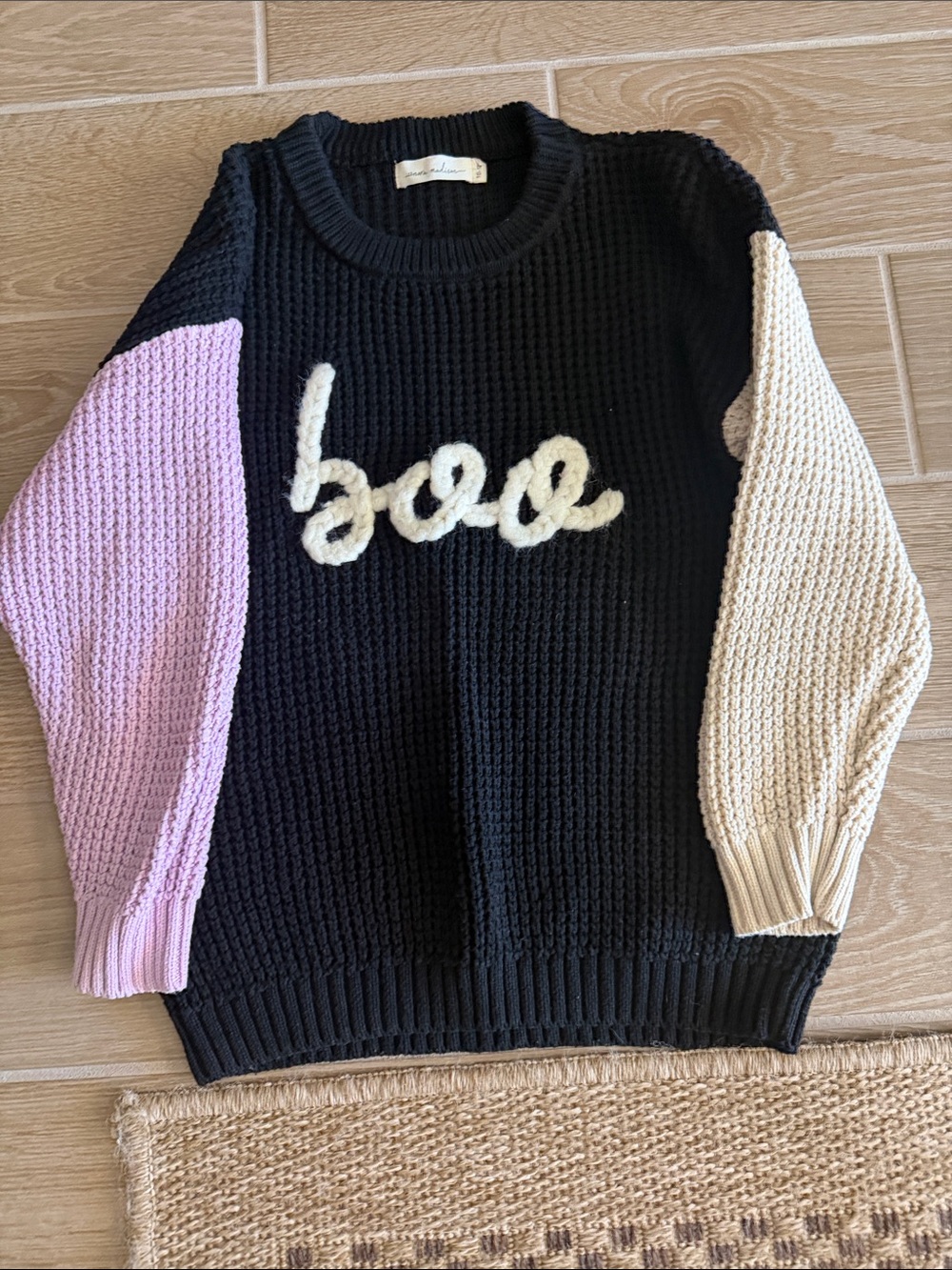 Black Colorblock Crewneck Sweater with Lilac and Cream Sleeves
